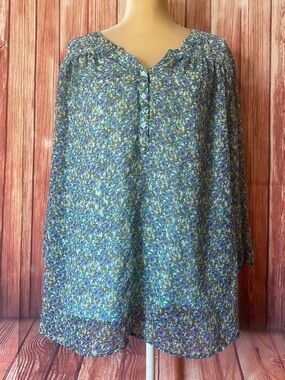 Women’s 3X Bkouse St. John’s Bay Blue Floral 3/4 Sleeves Lined Sheer Overlay